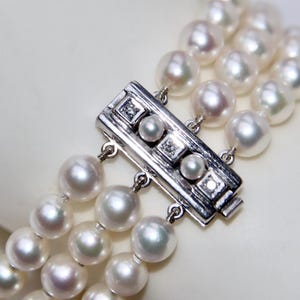 Vintage 3 Strand Akoya Pearl Bracelet Natural Diamonds 14K White Gold Clasp Japanese sea saltwater Pearls