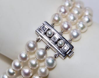 Bransoletka z 3 pereł Akoya w stylu vintage, naturalne diamenty, zapięcie z 14-karatowego białego złota, japońskie perły morskie