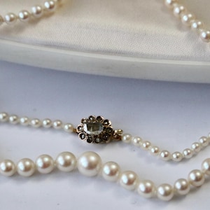 Rare Antique German Pearl Necklace | 19th Century Saltwater Pearls | 18K Gold Clasp with 5.5×4.5 mm Amsterdam Cut Diamond & Rose Cut Surround