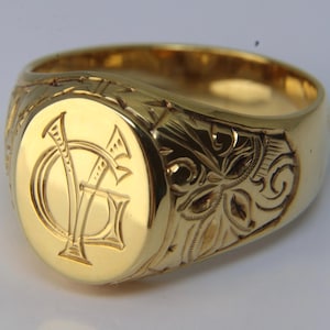 Monogrammed ca. 1900 Art Nouveau antique 18k/750 Yellow gold filled silver signet ring, Shield shaped. Excellent state.  Unisex. Collector's