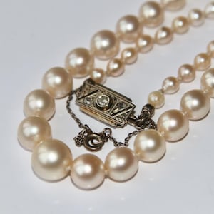 May include: A double-strand pearl necklace with a decorative clasp. The pearls vary in size, with larger pearls at the front and smaller ones towards the back. The clasp is rectangular with a small diamond in the center.