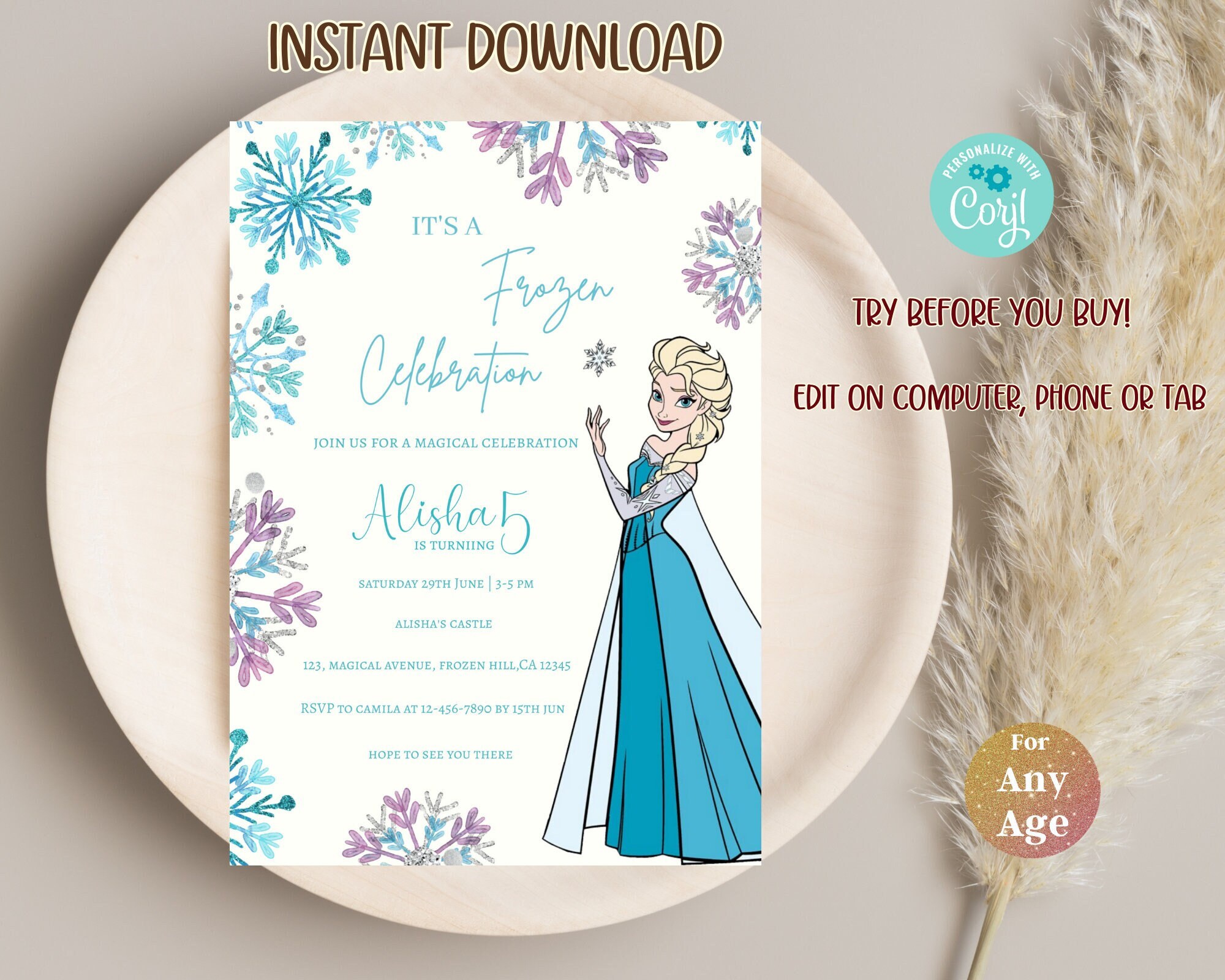 Editable Frozen Birthday Invitation Template, Princess Elsa Girl Evite