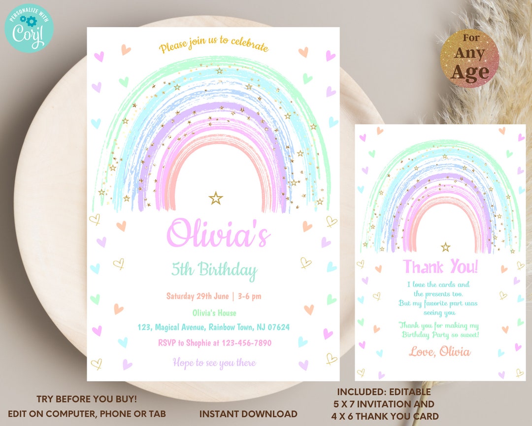 Rainbow Birthday Invitation Colorful Pastel Rainbow Party Invite