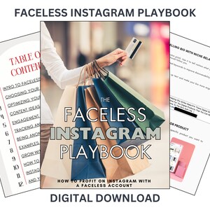 Pode incluir: Um guia de download digital intitulado "The Faceless Instagram Playbook: How to Profit on Instagram with a Faceless Account". A capa apresenta uma mulher segurando sacolas de compras e um cartão de crédito, sugerindo um foco em comércio eletrônico e negócios online.