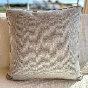 Handmade Blue/Grey Herringbone Weave Cushion Cover with Contrast Cream Welting, 20&quot; Square