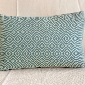 Handmade Geometric Woven Print Cotton Cushion Cover (Indoor/Outdoor), Blue/Green/Neutral, 12&quot; x 18&quot; rectangle