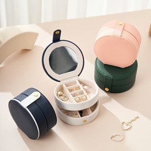 Travel Jewelry Box for Women | Round Multi-Layer Leather Feel Case