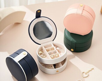 Travel Jewelry Box for Women | Round Multi-Layer Leather Feel Case