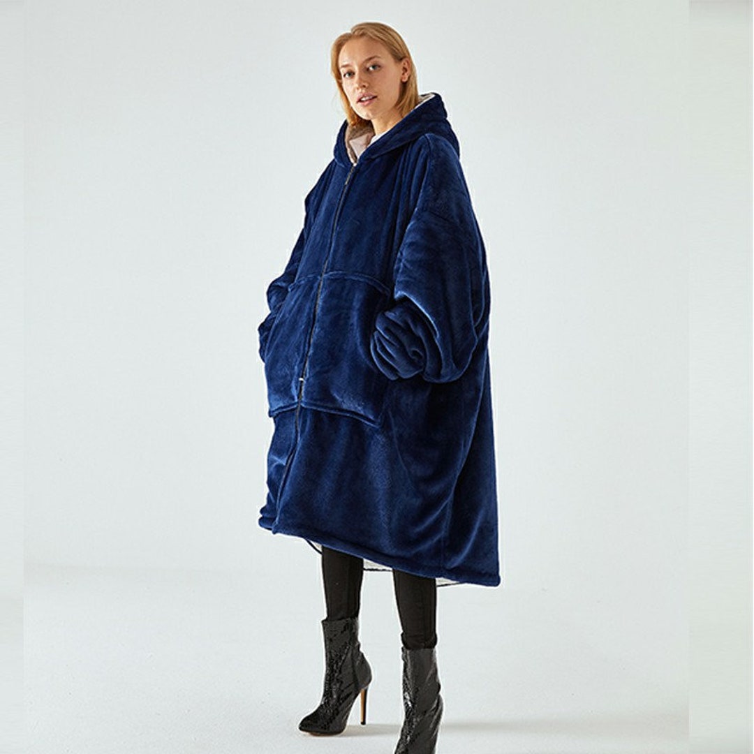 Blue Oversized Blanket Hoodie Zipped Plush Sherpa Big Hooded Sweatshirt