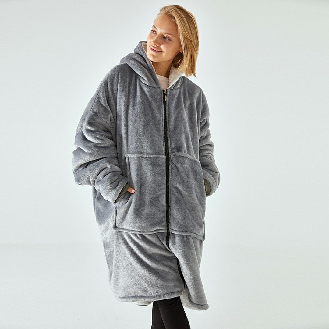 Grey Oversized Blanket Hoodie Zipped Plush Sherpa Big Hooded Etsy UK