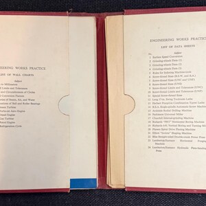 Pode incluir: Livro aberto com capa vermelha, exibindo listas de folhas de dados e gráficos de parede relacionados à prática de obras de engenharia. O texto inclui títulos e listas numeradas de assuntos, com uma faixa azul na parte inferior.
