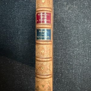 May include: A vintage book with a tan leather cover. The spine features gold embossed floral designs and red and blue labels with German text. The book's edges are also tan, and the overall aesthetic suggests an antique item.