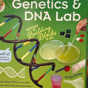 May include: A green box for a "Genetics & DNA Lab" experiment kit. The box features a DNA model, petri dishes, and lab tools. Text includes "Investigate the Building Blocks of Life!" and "Ages 10+".