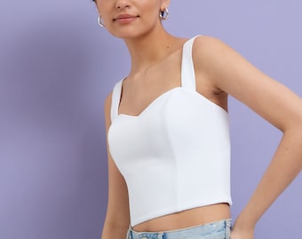 Bustier en satin de coton - Top court blanc pour femme - Top court élégant | Brassière courte à bretelles | Débardeur ajusté Party Mignon