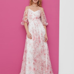 White Floral Evening Gown Long Bohemian Dress Maxi Splendid Chiffon ...