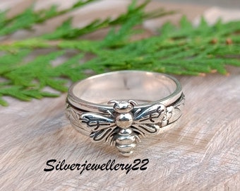 Handmade Sterling Silver Bee Spinner Ring: Women's Meditation Jewelry