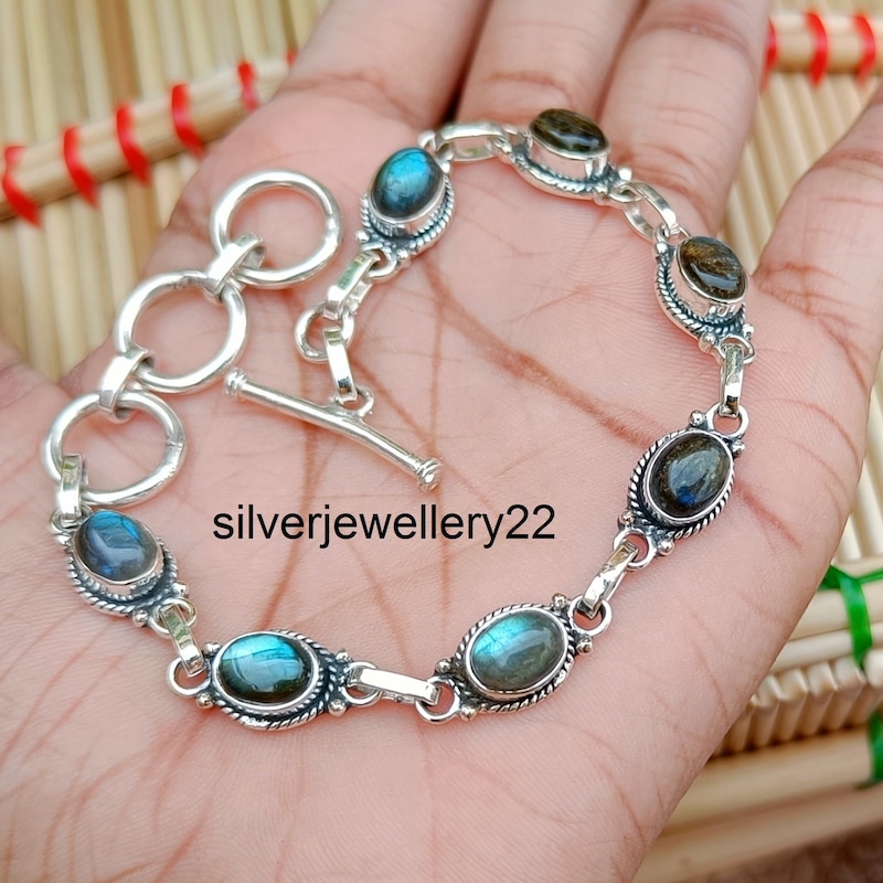 Bracelet Manchette Réglable En Argent 925 - Labradorite Et Opale éthiopienne - Fait Main, Vintage