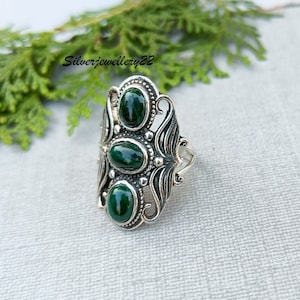 Handgemaakte malachiet statementring: 925 sterlingzilveren boho-sieraden