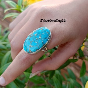 Blue Copper Turquoise Ring, Turquoise Jewelry, Silver Turquoise Ring, Handmade Ring, 925 Sterling Silver Ring, Gemstone Ring, Boho Ring.