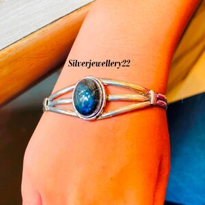 Handmade Labradorite Bangle: Adjustable Sterling Silver Gemstone Jewelry