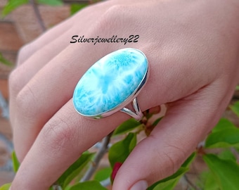 Handgemachter Larimar Ring: 925 Sterling Silber Boho Band