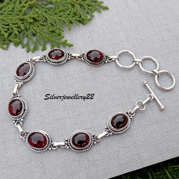 Vintage Style Garnet Bracelet, 925 Sterling Silver, Handmade