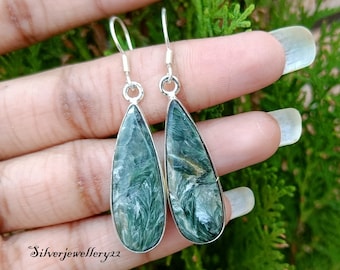 Seraphinite Drop Earrings: Handmade 925 Sterling Silver Gemstone Jewelry