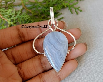 Handmade Blue Lace Agate Pendant: 925 Sterling Silver Gemstone Jewelry