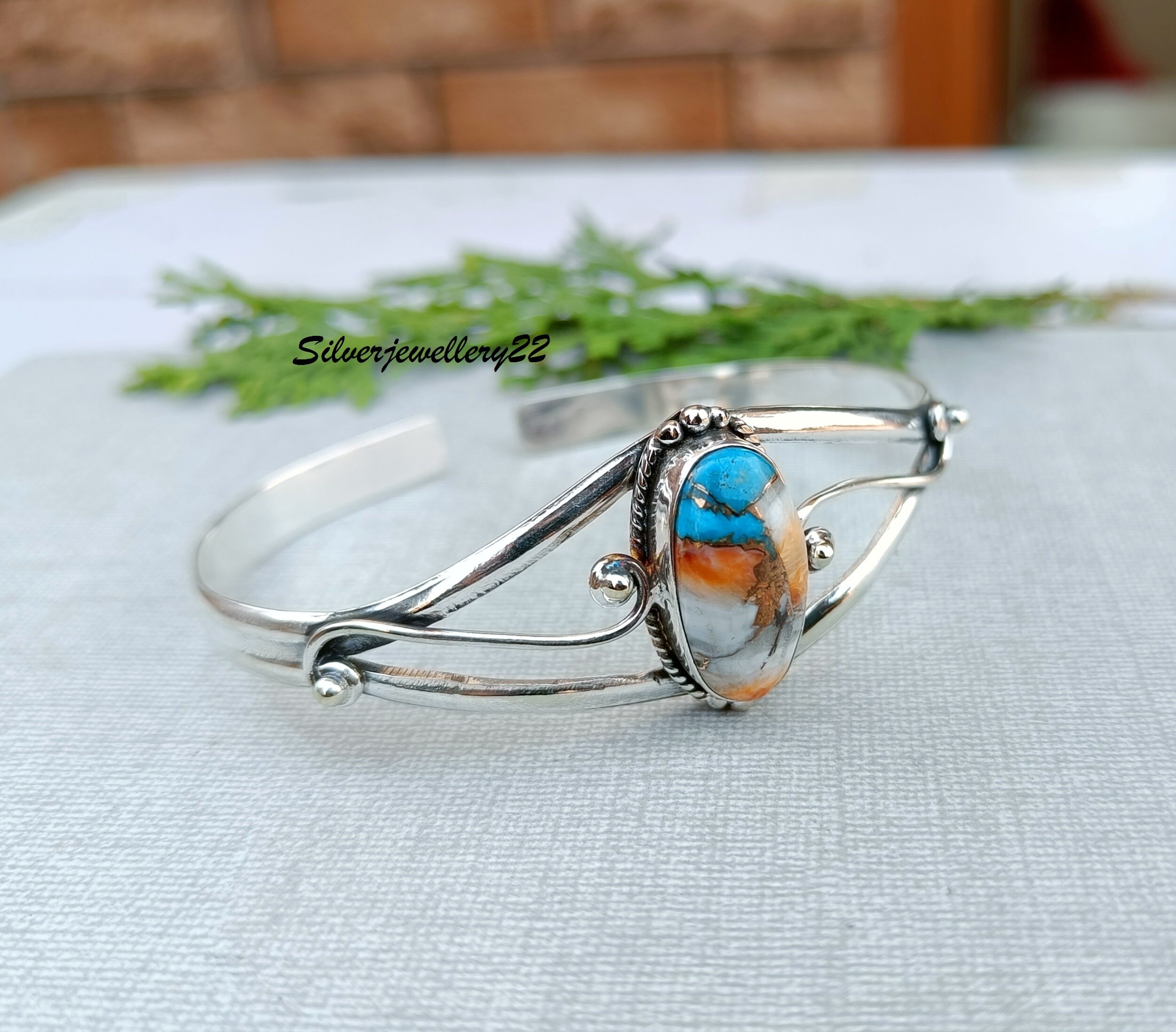 Oyster Turquoise Sterling Silver Bangle: Handmade 925 Jewelry - Etsy