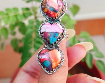 Handmade Pink Oyster Turquoise Heart Ring: 925 Sterling Silver Statement Jewelry