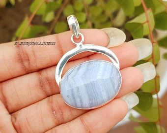 Blue Lace Agate Pendant: Handmade 925 Sterling Silver Boho Jewelry