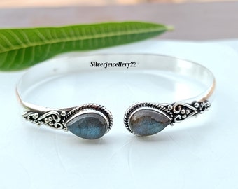 Blue Fire Labradorite Sterling Silver Bangle: Handmade Gemstone Jewelry