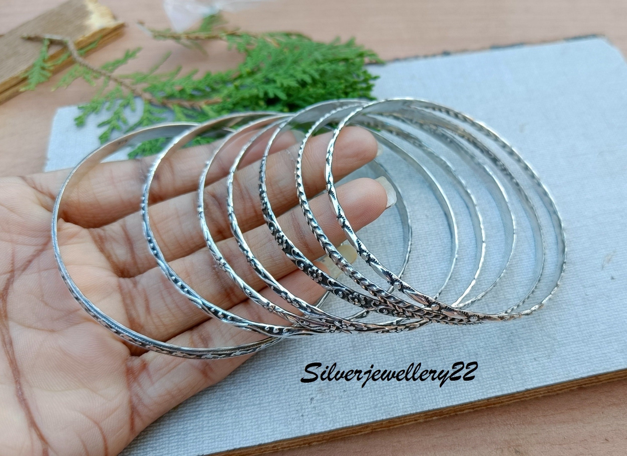 Sterling Silver Bangle Set: Floral Etched 7-piece Jewelry - Etsy