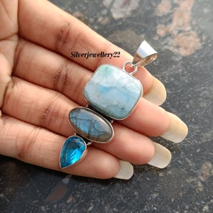 Natural Larimar Pendant, Labradorite Pendant, Blue Topaz Penant, 925 Sterling Silver, Handmade Pendant, Gemstone Pendant, Lovely Pendant.
