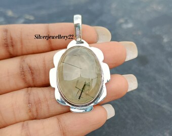 Handmade Prehnite Sterling Silver Pendant, Designer Anniversary Gift