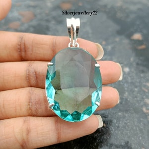 Quartz Aquamarine Pendant, 925 Sterling Pendant, Anniversary Pendant, HandmadePendant, Women Pendant, Glassstone Pendant, Attractive Pendant