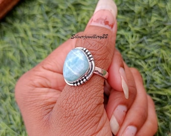 Handmade Larimar Ring: 925 Sterling Silver Boho Band