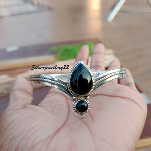 Genuine Black Onyx Bangle, Silver Bangle, Silver Onyx Bangle, Black Onyx Cuff Bangle, 925 Sterling Silver, Onyx Jewelry, Cuff Bangle.
