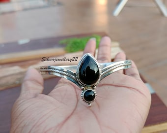 Genuine Black Onyx Bangle, Silver Bangle, Silver Onyx Bangle, Black Onyx Cuff Bangle, 925 Sterling Silver, Onyx Jewelry, Cuff Bangle.