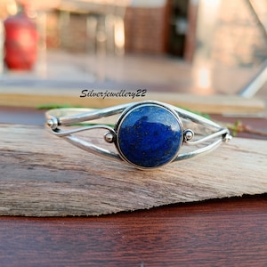 Lapislazuli Armreif, 925 Sterling Silber, handgemachter Armreif, stilvoller Armreif, Geschenk für Mutter, Edelstein Armreif, handgemachter Schmuck, einzigartiger Armreif