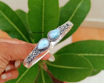 Larimar Bangle, Designer Bangle, 925 Sterling Silver, Gemstone Bangle, Handmade Bangle, Women Bangle, Wedding Bangle, Gift For Christmas.