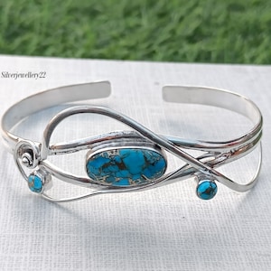 Blue Copper Turquoise Bangle: Handmade 925 Sterling Silver Gemstone Bracelet