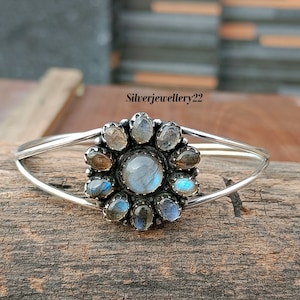 Handmade Labradorite Flower Bangle: 925 Sterling Silver Gemstone