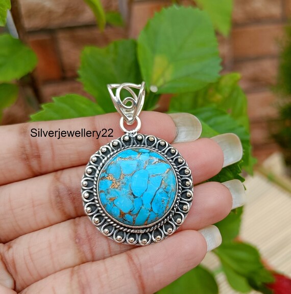 Blue Copper Turquoise Pendant: Handmade 925 Sterling Silver