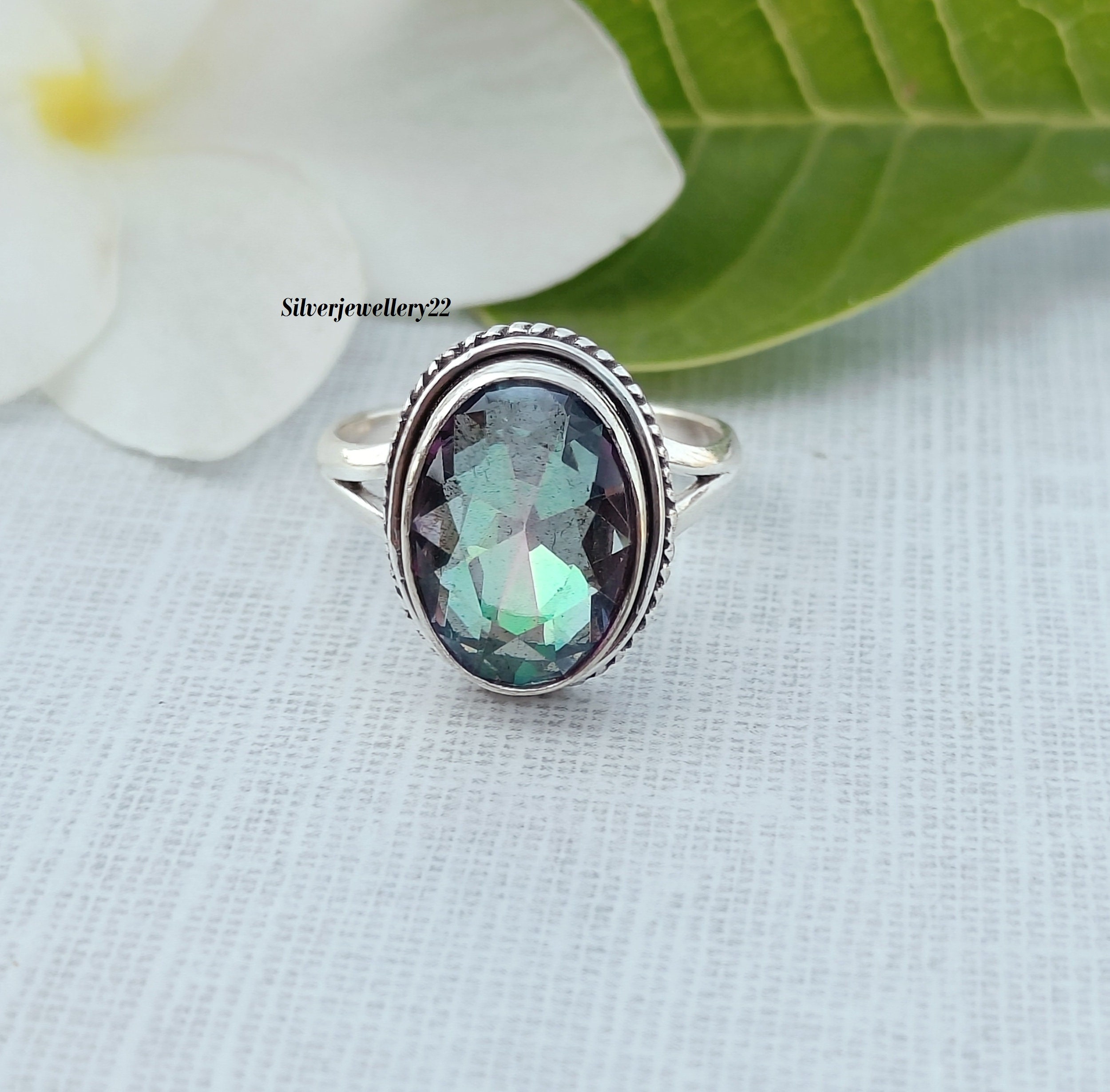 Bague En Argent Avec Topaze Mystique 25x17 Mm - Taille 69-60, Neuf Sans Emballage