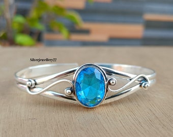 Handmade Blue Topaz 925 Sterling Silver Bangle - Adjustable