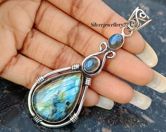 Colgante de labradorita de fuego azul, plata de ley 925, colgante hecho a mano, colgante de piedras preciosas, colgante de diseñador, colgante de mujer, colgante de boda.