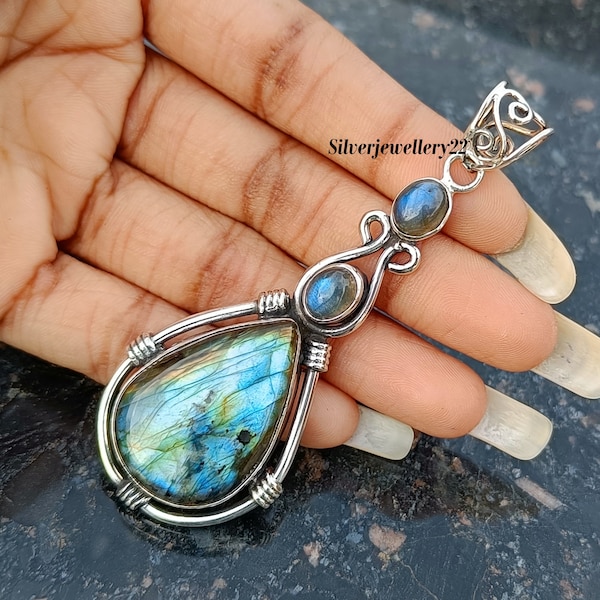 Blue Fire Labradorite Pendant: Handmade 925 Sterling Silver Gemstone