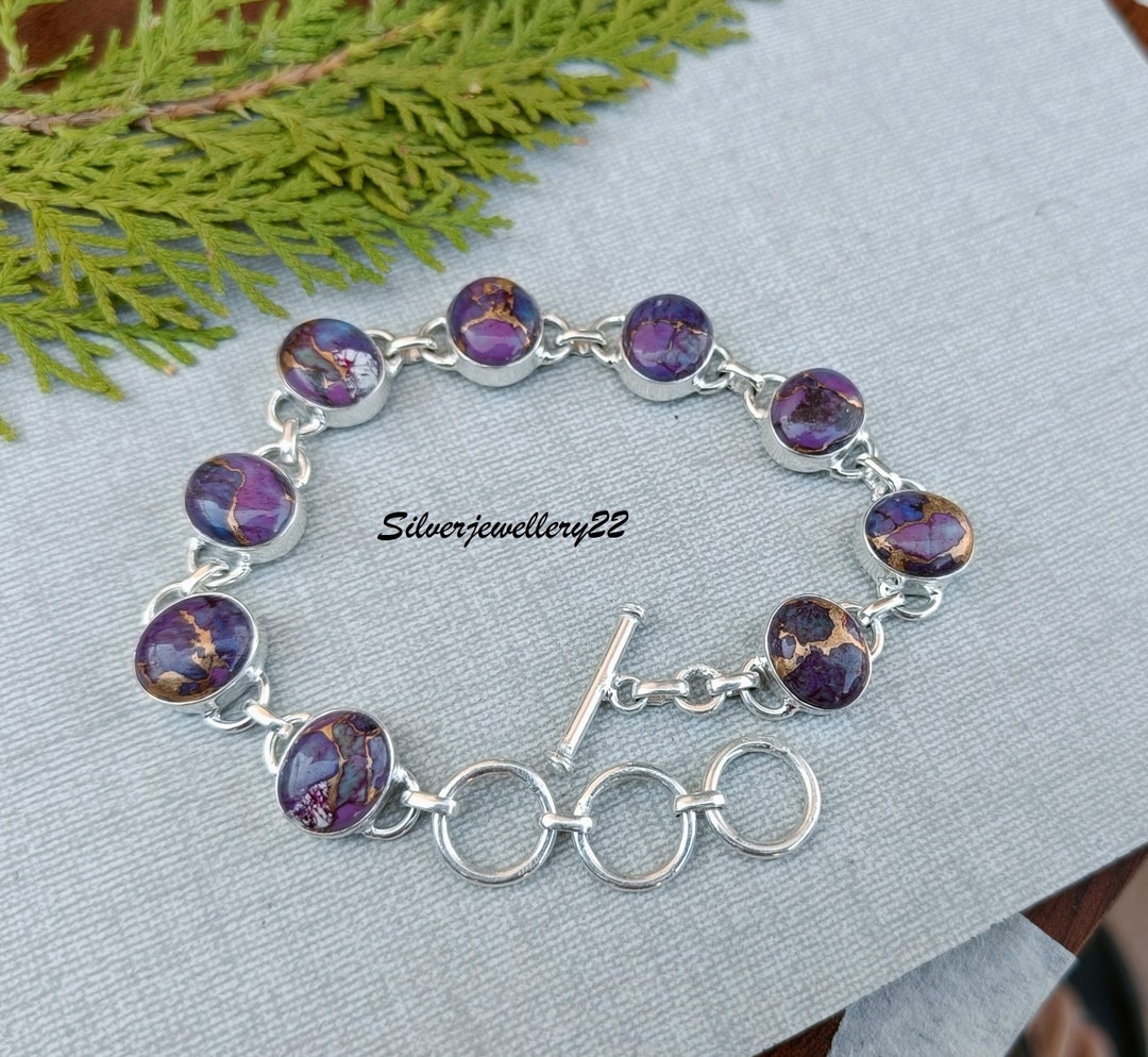 thumbnail image 2 of Natural Purple Copper Turquoise & 925 Sterling Silver Cuff Bracelet – Oval Gemstone, Adjustable & Stackable, Handmade 2 of 5