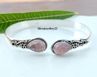 Handmade Rose Quartz Bangle: 925 Sterling Silver Jewelry